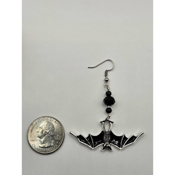 Bat Earrings Black Wings Handmade Handpainted Horror Spooky - Picture 3 of 5